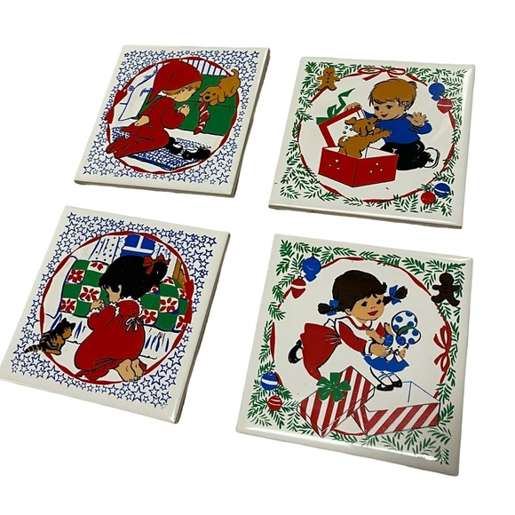 2 Vintage Sets (4) Ceramic Tile Trivets Night Before Christmas Christmas Morning - Picture 4 of 4